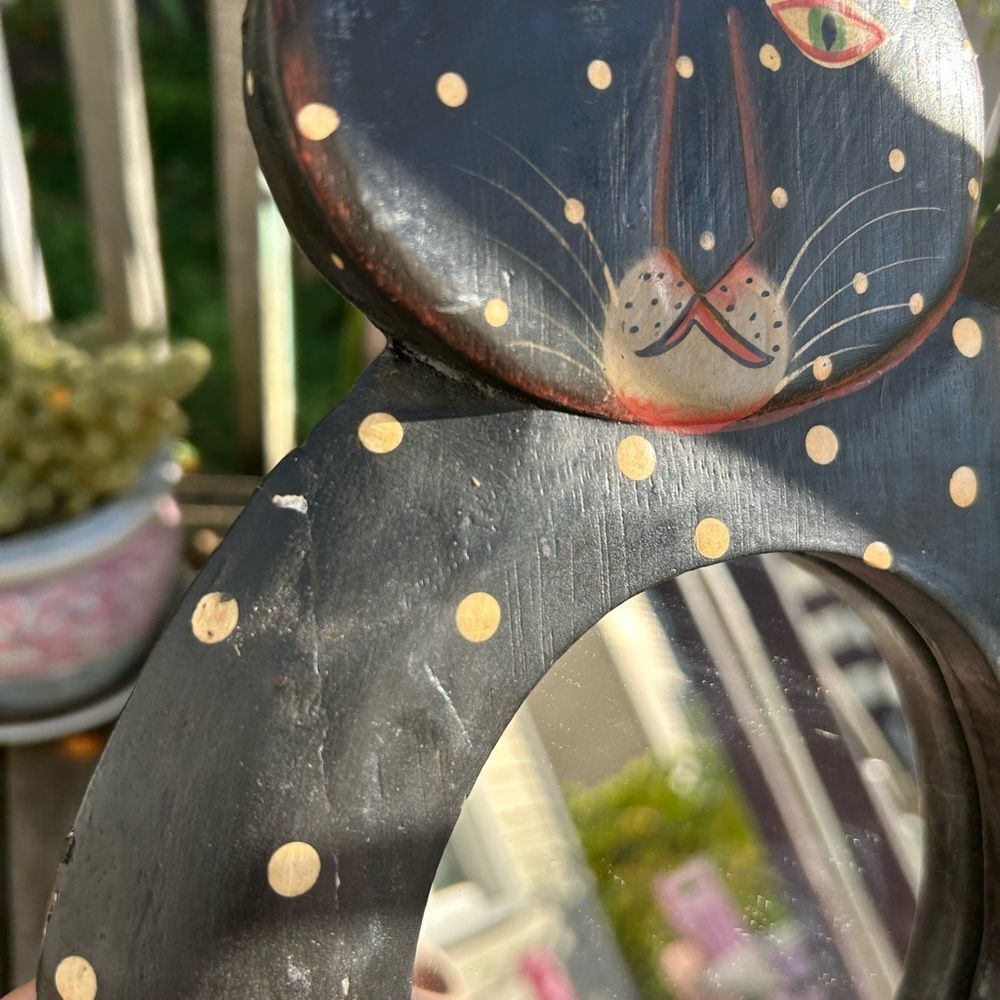 Vtg 90s Whimsical 12.5” X 8” Black Polk a Dot Cat Boho Mirror Indonesia - Picture 8 of 15